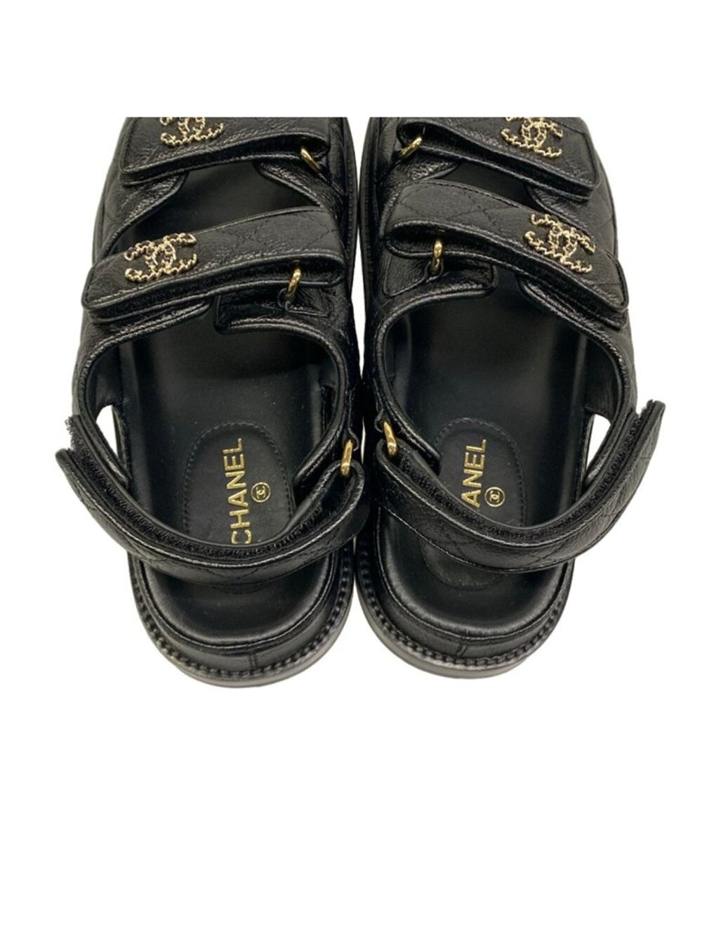 Chanel Sandals 36 C Quilted Black Gold CC Logo Velcro Leather - Picture 7 of 12